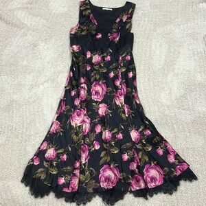 Banana Republic 100% Silk Black Floral Midi Dress Lace Details Size 4